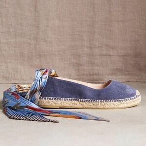 GAIMO Chic Blue suede leather  Espadrille Flats Silk Scarf Detail Sz 7.5/38